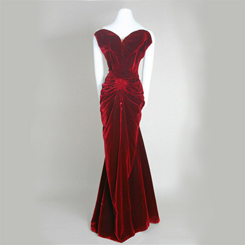 Garnet velvet evening gown worn by Wisconsin First Lady Charlotte McAleer Kohler to President Eisenhower's 1953 Inauguration Ball.